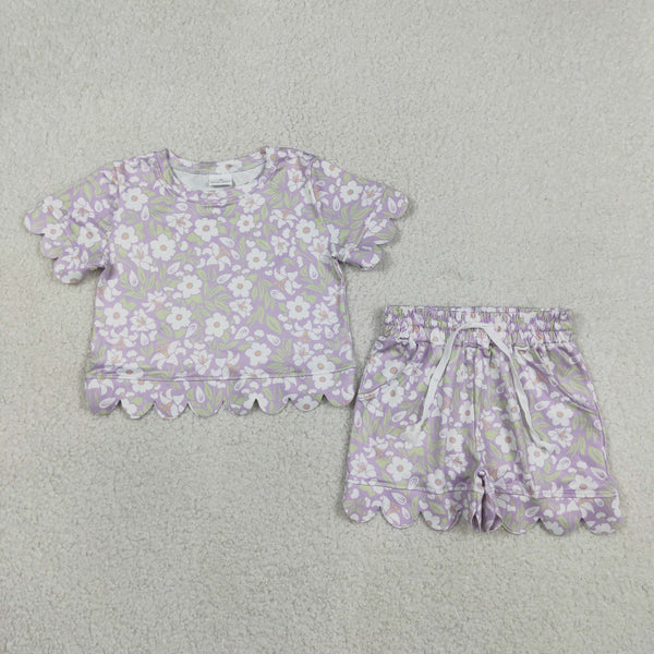 GSSO3265 RTS kids clothes purple floral girl summer outfit  clothing set scalloped shorts set