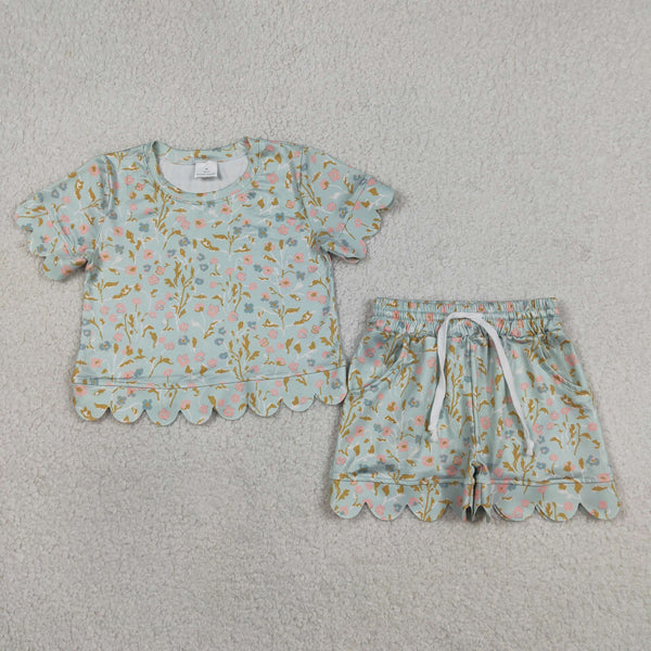 GSSO3266 RTS kids clothes flower scalloped girl summer clothing set summer shorts set