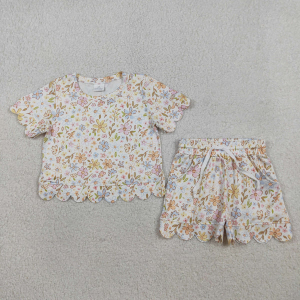 GSSO3268 RTS kids clothes flower scalloped girl summer clothing set summer shorts set
