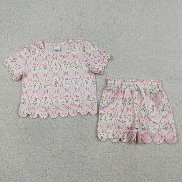 GSSO3271 RTS kids clothes flower scalloped girl summer clothing set summmer shorts set