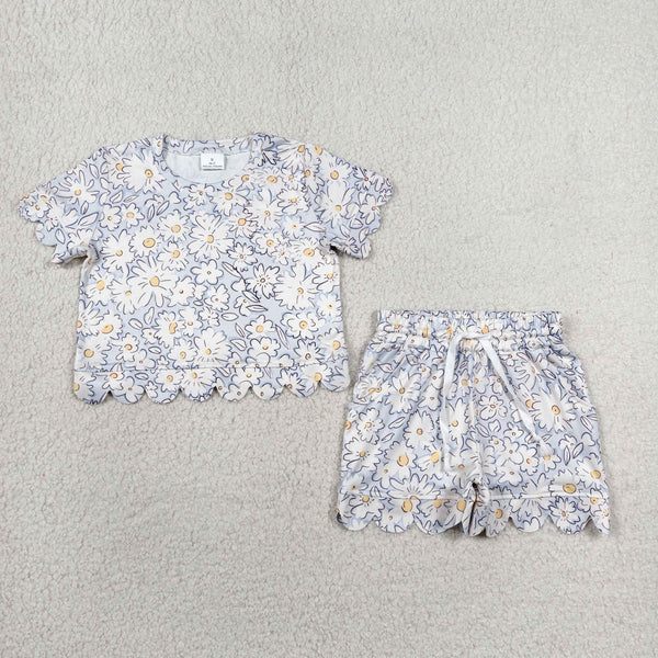 GSSO3275 RTS kids clothes flower scalloped shorts set girl summer clothing set