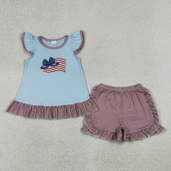 GSSO3278 RTS kids clothes flag embroidery girl summer clothing shorts set