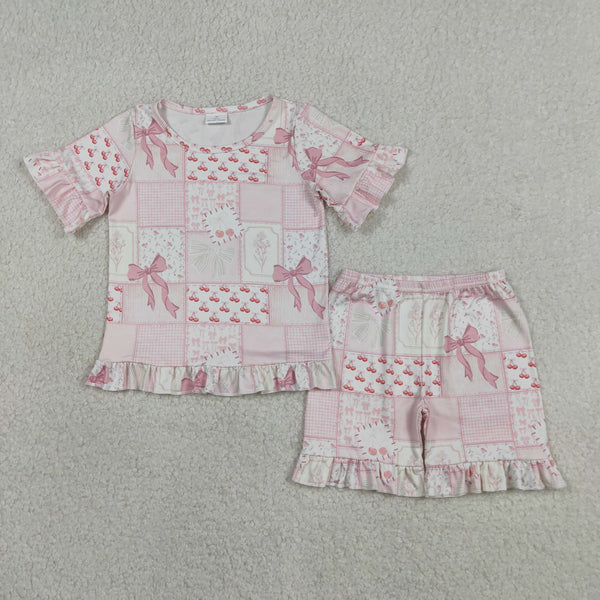 GSSO3321 RTS kids girl clothes pink bow floral girl summer shorts set ruffels outfit