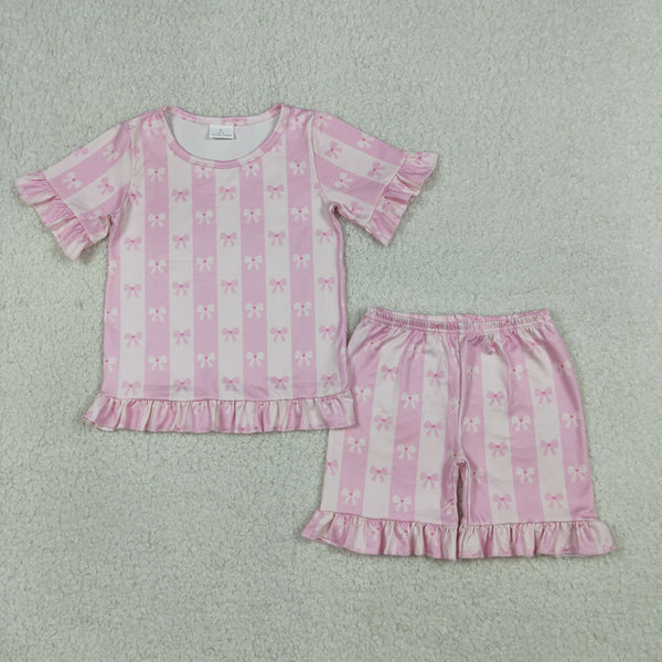 GSSO3341 RTS kids clothes  bows print girl summer outfit  clothing set pajamas set