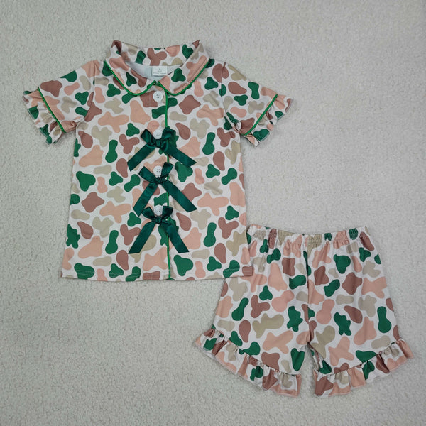 RTS GSSO3367 kids clothes green camo girl summer outfit  clothing set summer pajamas set