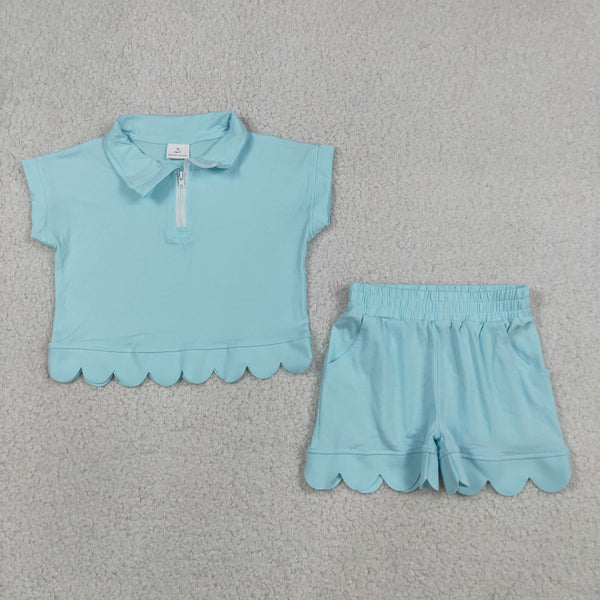 GSSO3376 RTS kids clothes blue  cotton girl summer outfit  clothing set scalloped shorts set