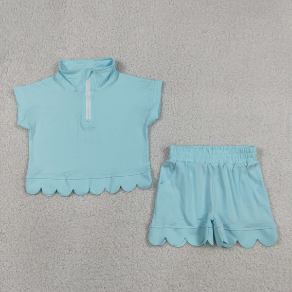 GSSO3376 RTS kids clothes blue  cotton girl summer outfit  clothing set scalloped shorts set
