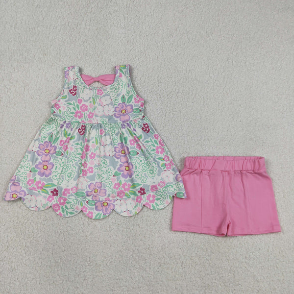 GSSO3385 RTS kids girl summer clothing set pink floral girl summer shorts set