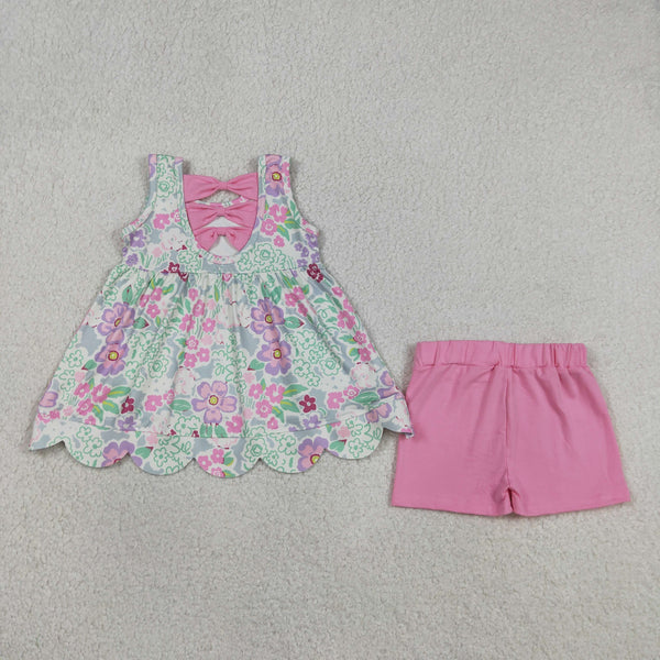 GSSO3385 RTS kids girl summer clothing set pink floral girl summer shorts set