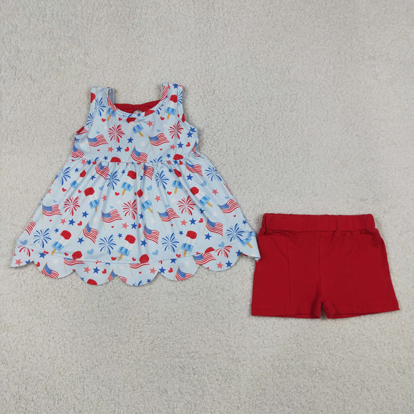 GSSO3386 RTS kids girl summer clothing set 4th of July clothes girl summer shorts set