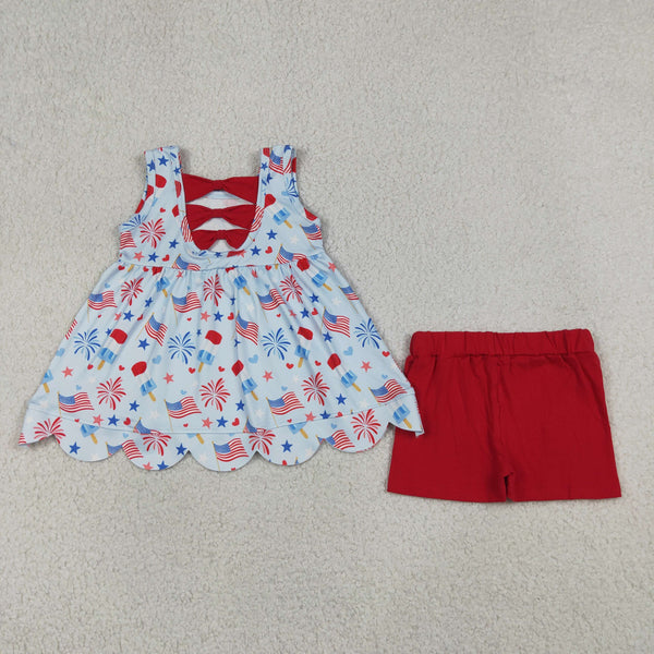 GSSO3386 RTS kids girl summer clothing set 4th of July clothes girl summer shorts set