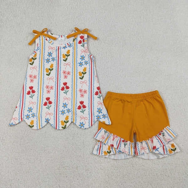 GSSO3388 RTS kids clothes flower print girl summer outfit  clothing set scalloped outfit