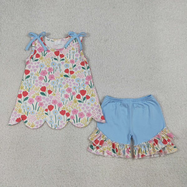 GSSO3390 RTS kids clothes flower scalloped girl summer outfit  clothing set summer shorts set
