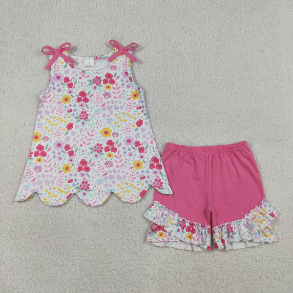 GSSO3391 RTS kids clothes flower scalloped girl summer outfit  clothing set summer shorts set