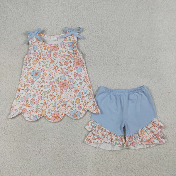 GSSO3393 RTS kids clothes flower scalloped girl summer outfit summer shorts set