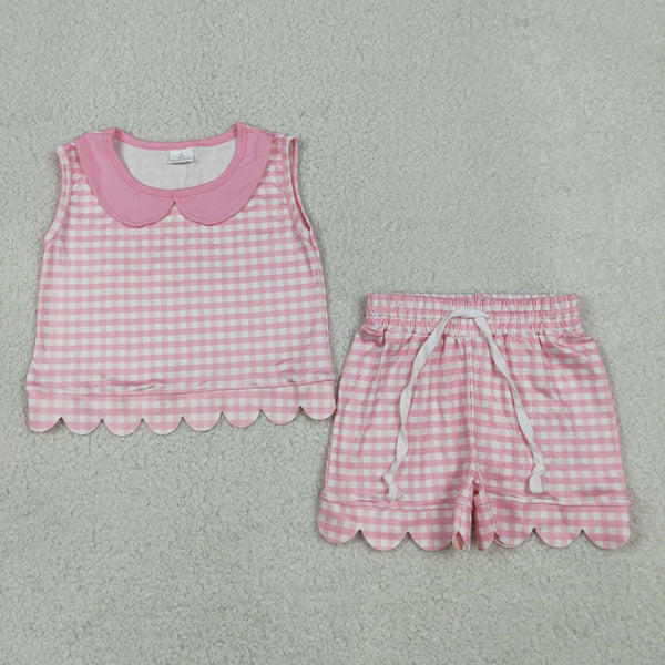 GSSO3394 RTS kids clothes pink gingham print girl summer outfit  clothing set scalloped summer shorts set