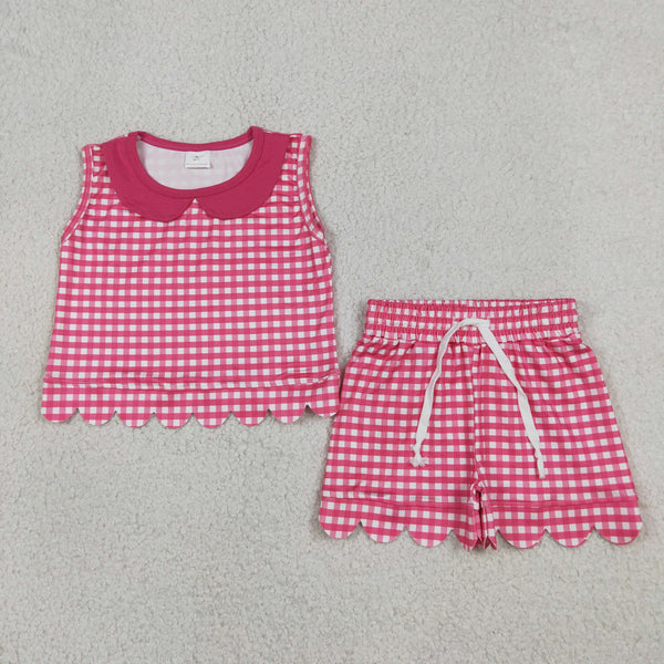 GSSO3395 RTS kids clothes pink gingham girl summer outfit  clothing set scalloped shorts set