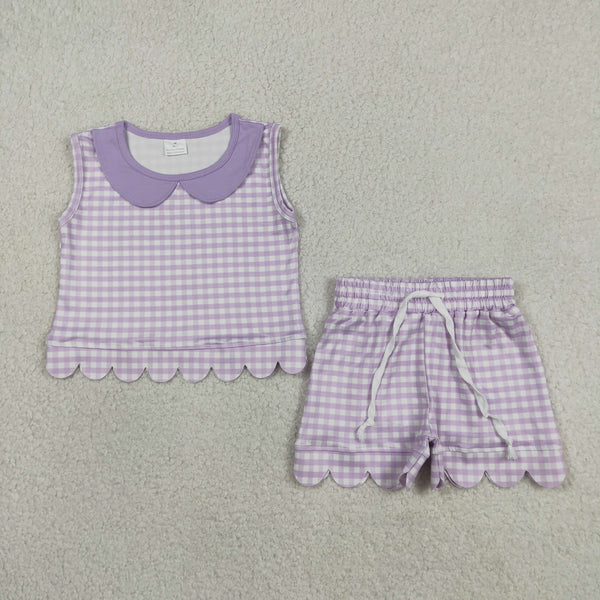 GSSO3396 RTS kids clothes purple gingham girl summer outfit  clothing set scalloped shorts set