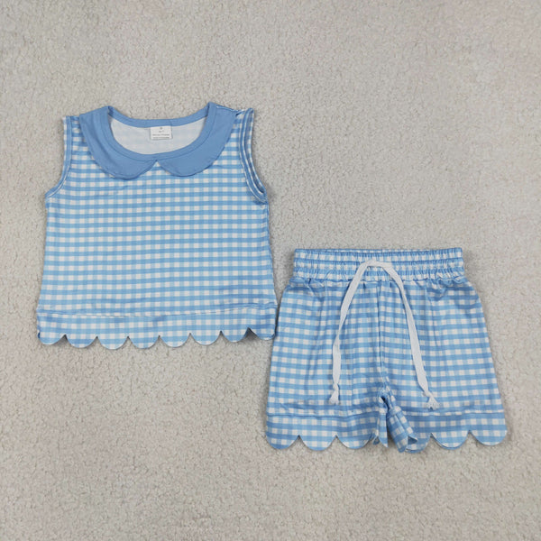 GSSO3397 RTS kids clothes blue gingham scalloped girl summer outfit  clothing set