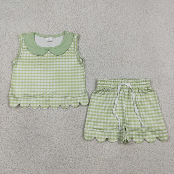 GSSO3398 RTS kids clothes green gingham print girl summer outfit  clothing set