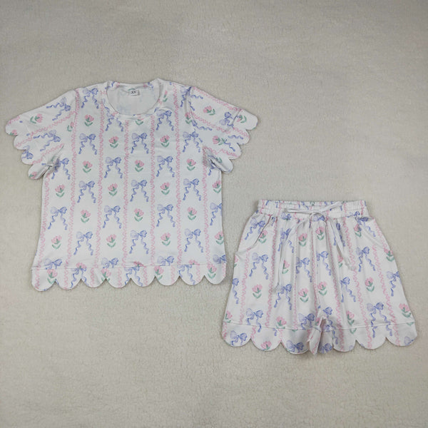 GSSO3405 RTS adult pajamas bows  scalloped adult women  summer set summer shorts set