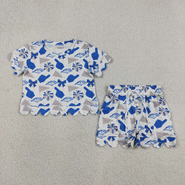 GSSO3408 RTS kids clothes state girl summer outfit  clothing set blue state scalloped outfit