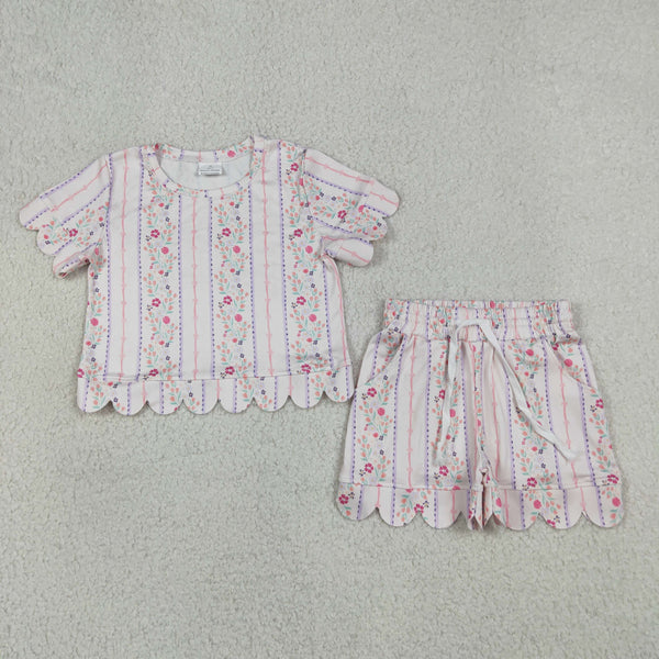 GSSO3411 RTS kids clothes flower  girl summer outfit  clothing set scalloped shorts set