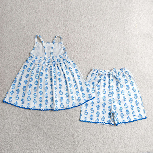 GSSO3416 RTS kids clothes blue flower girl summer outfit  clothing set summer shorts set