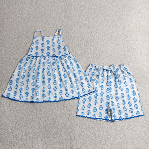 GSSO3416 RTS kids clothes blue flower girl summer outfit  clothing set summer shorts set