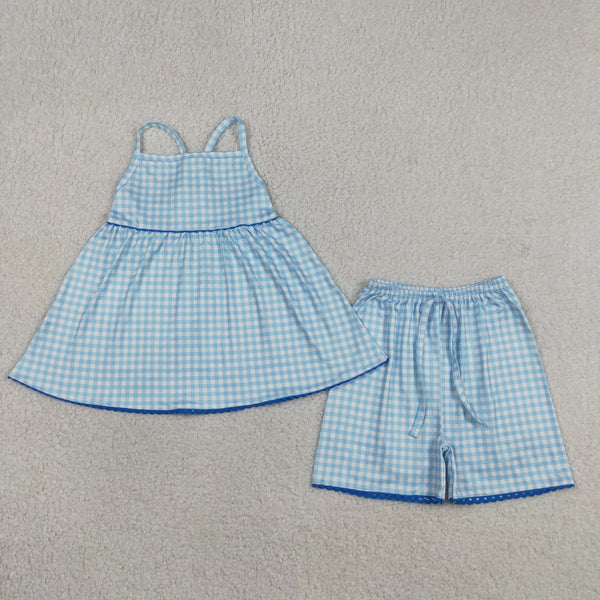 GSSO3418 RTS kids clothes blue gingham print girl summer outfit  clothing set
