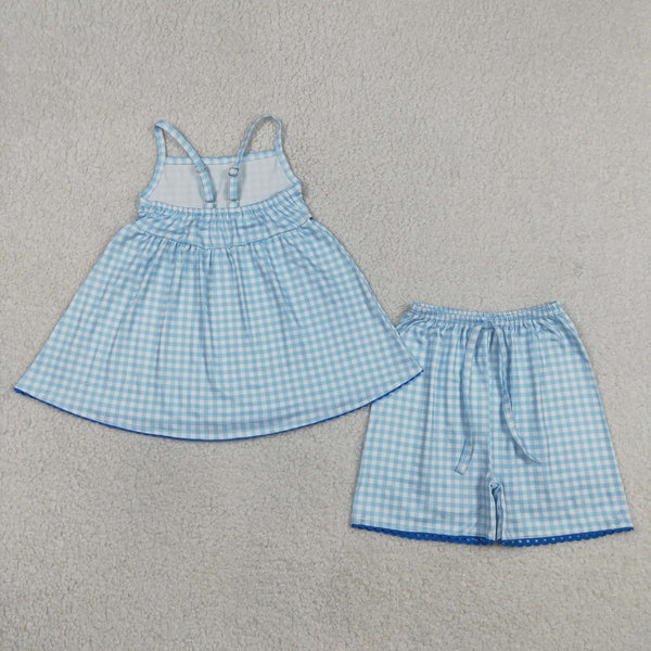 GSSO3418 RTS kids clothes blue gingham print girl summer outfit  clothing set