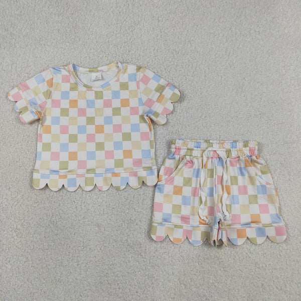 GSSO3419 RTS kids clothes gingham girl summer outfit  clothing set scalloped shorts set