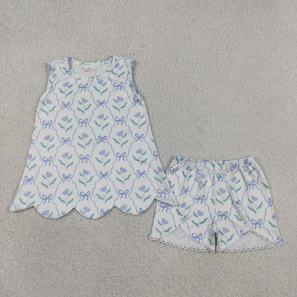GSSO3426 RTS kids clothes flower girl summer outfit  clothing set scalloped shorts set