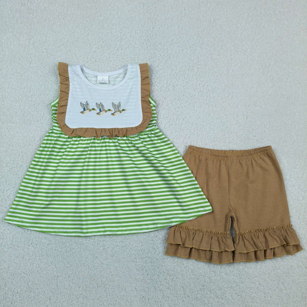 GSSO3432 RTS kids clothes mallard embroidery girl summer outfit  clothing  shorts set
