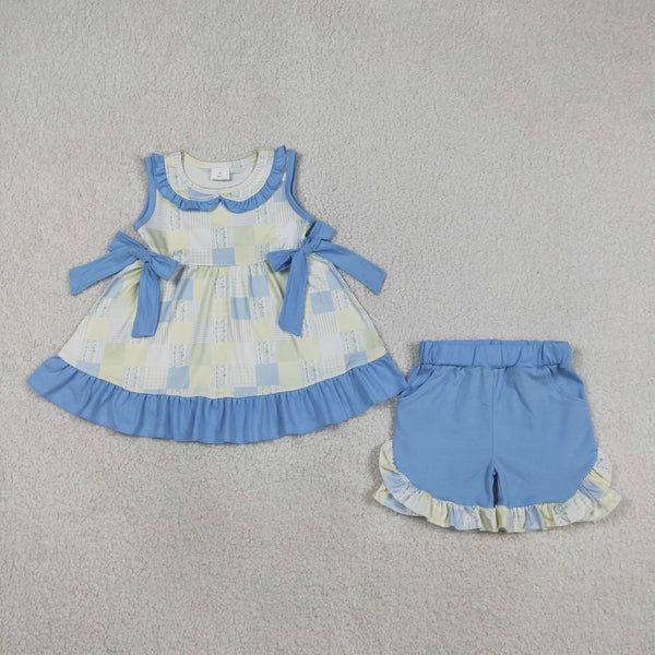 GSSO3439 RTS kids clothes blue gingham  girl summer outfit summer shorts set