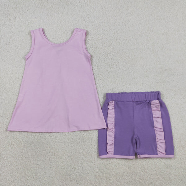 GSSO3461 RTS kids clothes purple cotton girl summer outfit summer shorts set