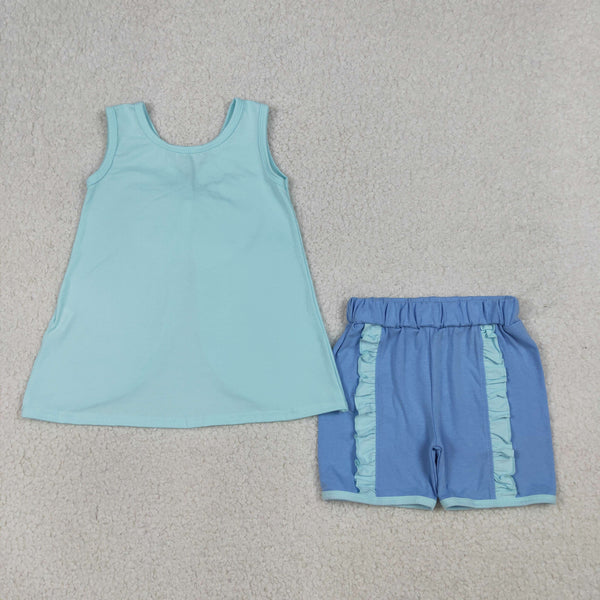GSSO3463 RTS kids clothes blue cotton girl summer outfit summer shorts set