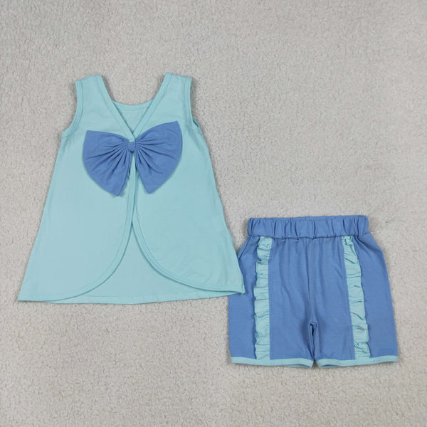 GSSO3463 RTS kids clothes blue cotton girl summer outfit summer shorts set