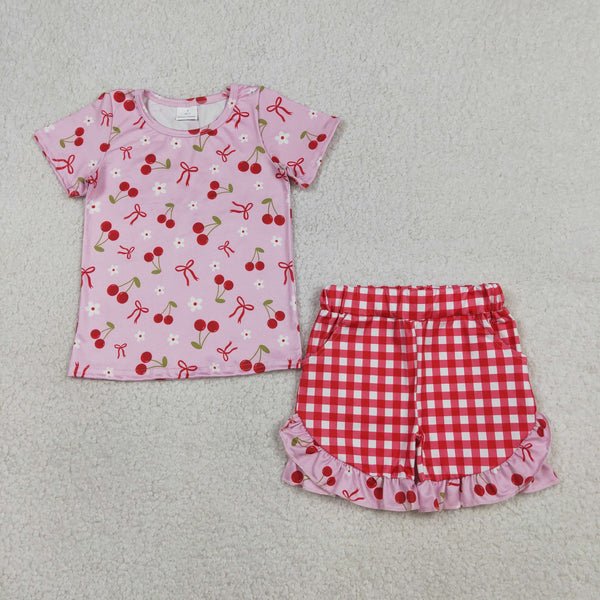 GSSO3470 RTS kids clothes cherry print girl summer outfit  clothing set summer shorts set