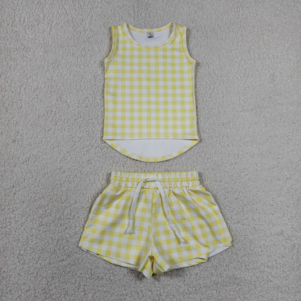 GSSO3475 RTS baby girl clothes yellow plaid  toddler girl yoga summer outfit sports clothes