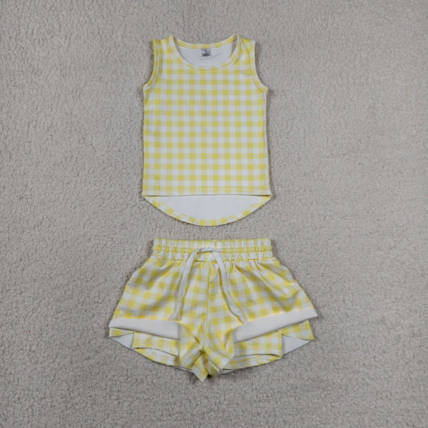 GSSO3475 RTS baby girl clothes yellow plaid  toddler girl yoga summer outfit sports clothes
