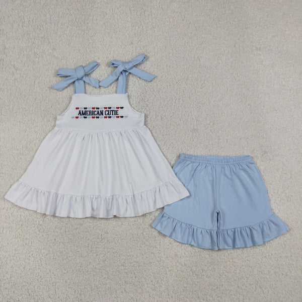 GSSO3480 RTS kids clothes american embroidery girl 4th of July summer outfit  clothing summer shorts set