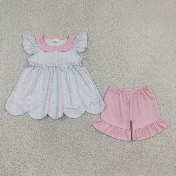 RTS GSSO3490 kids clothes flower scalloped girl summer outfit  clothing set summer shorts set