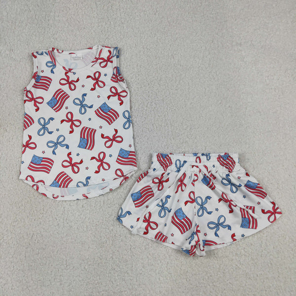 GSSO3520 RTS kids clothes bows girl 4th of July summer outfit sports clothing set