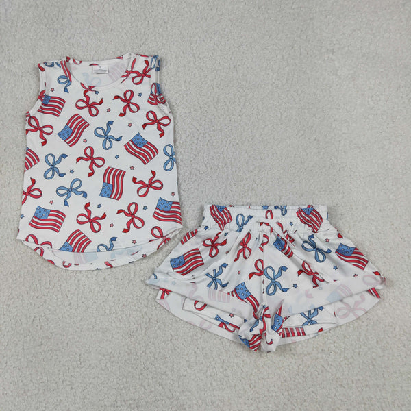GSSO3520 RTS kids clothes bows girl 4th of July summer outfit sports clothing set