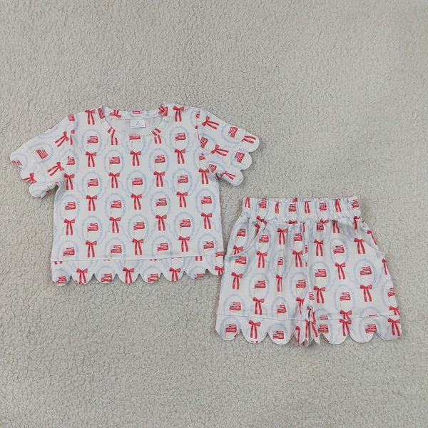GSSO3552 RTS kids clothes flag girl 4th of July summer outfit  clothing set scalloped shorts set