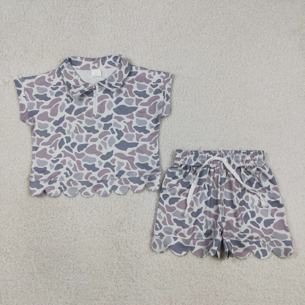 GSSO3564 RTS kids clothes grey camo girl summer outfit  scalloped girl summer shorts set