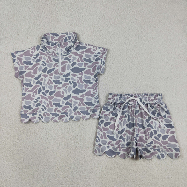 GSSO3564 RTS kids clothes grey camo girl summer outfit  scalloped girl summer shorts set