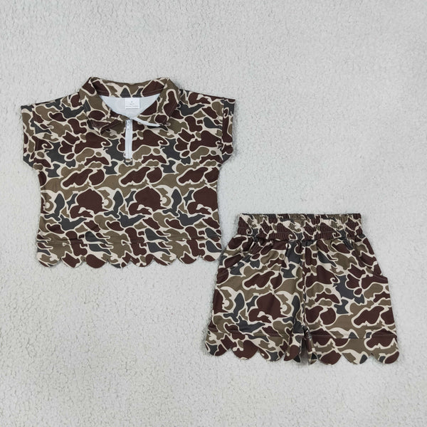 RTS GSSO3569 kids girl clothes camo summer scallop shorts set