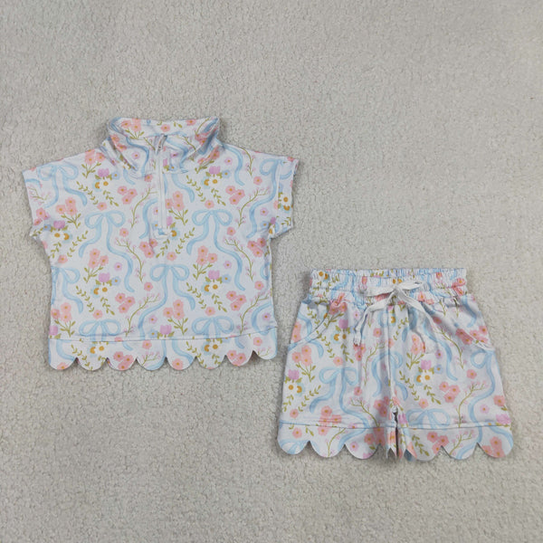 GSSO3575 RTS kids clothes flower girl summer outfit  clothing set scalloped clothing set